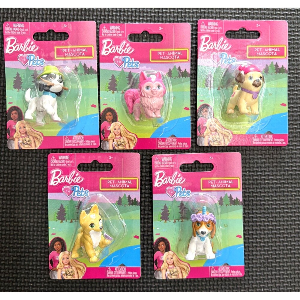 5 Barbie Pets Set Micro Figures Dogs Beagle Pink Unicorn Pug Cake Toppers